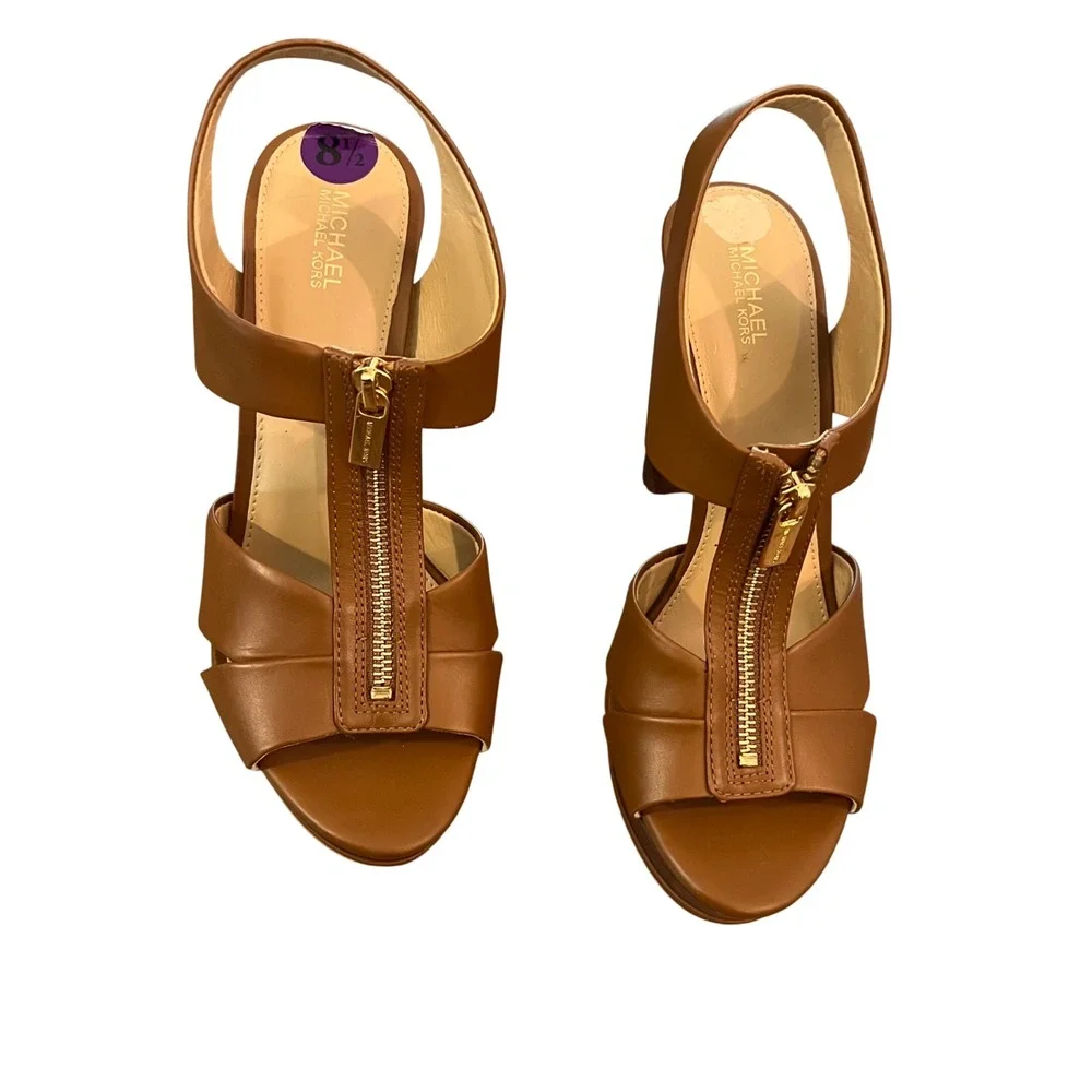 Michael Kors Luggage Brown Leather Zip Front Platform Block Heel Sandals 8.5